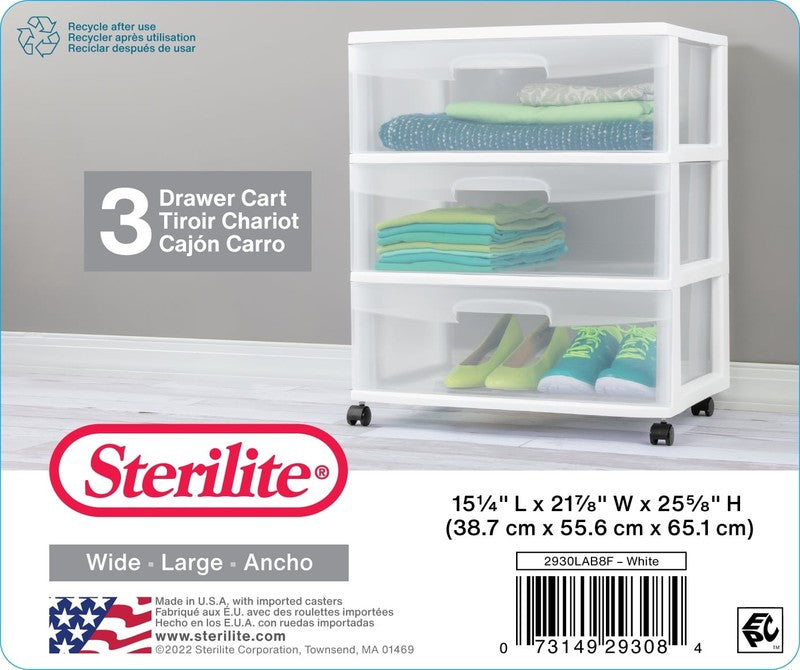 (2 Pack) Wide 3 Drawer Cart, Clear Plastic Storage Drawers, Wheels Included4