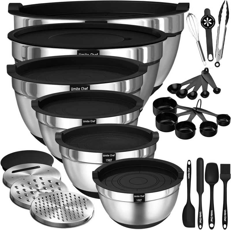 26PC Stainless Steel Mixing Bowl Set w/ Lids Grater Non Slip Base6