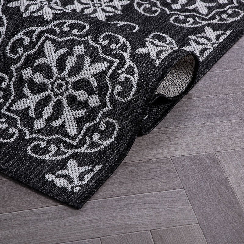 Transitional Geometric Textured Flat Weave Indoor/Outdoor Area Rug - BLACK 2'X7'4