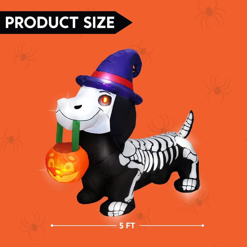 5Ft Halloween Inflatable Pumpkin Skeleton Wiener Dog w/ LEDs Yard Decor5