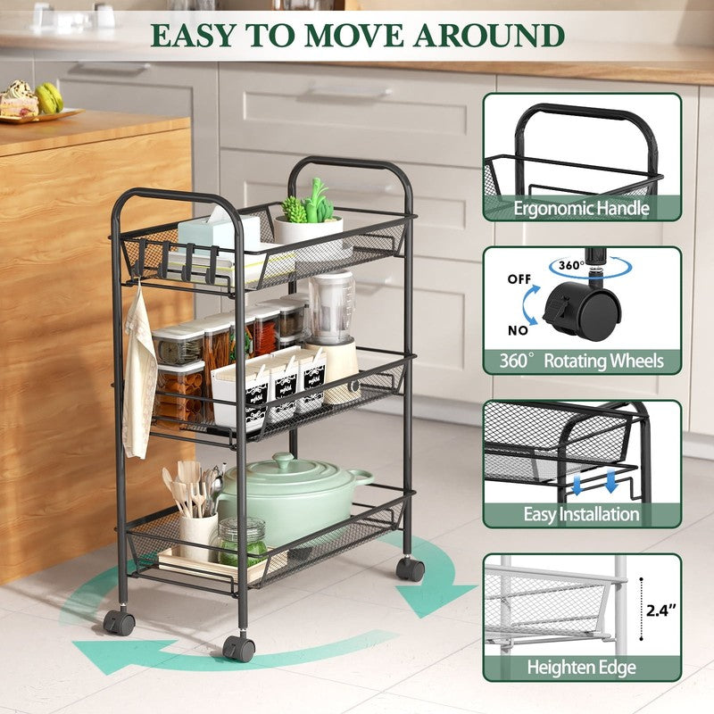 3 Tier Slim Mesh Rolling Storage Cart Black, Metal Organizer for Narrow Spaces4