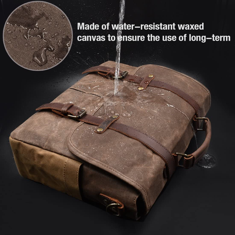 Mens Messenger Bag 15.6 Inch Waterproof Vintage Genuine Leather Waxed Canvas Bri1