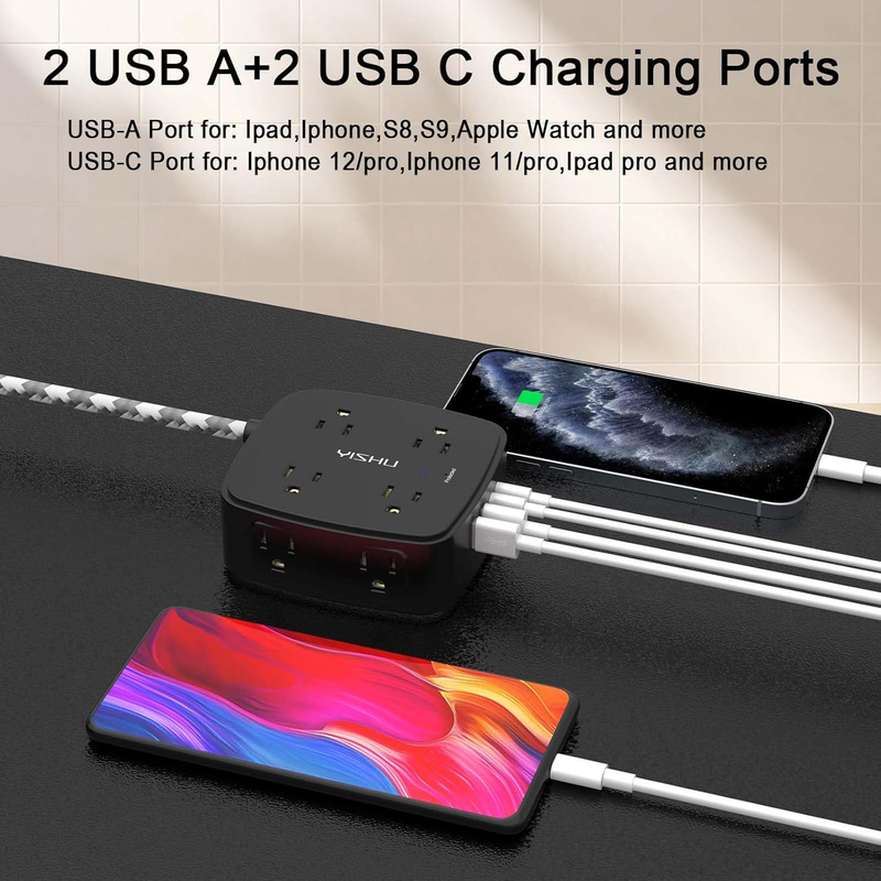 6FT Surge Protector Power Strip 8 Outlets 4 USB 2 USB C Flat Plug Black2