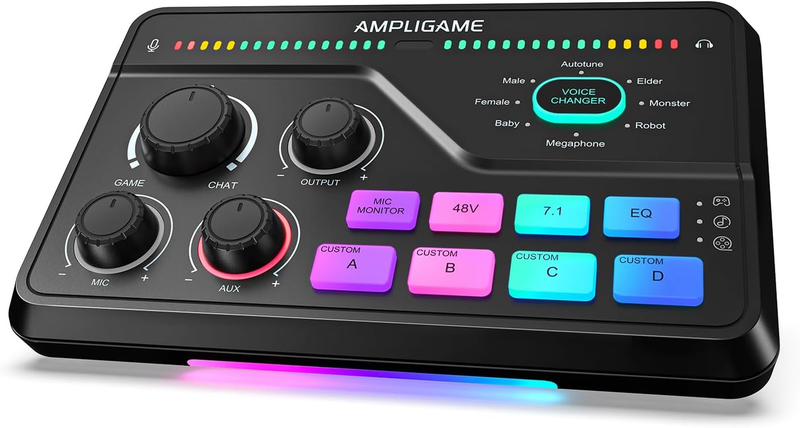 Gaming Mixer SC8 USB XLR Voice Changer RGB 7.1Ch Headphone Amp EQ Volume10