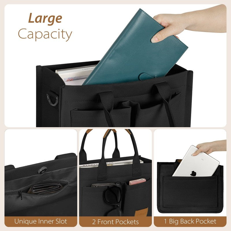 Canvas Tote Bag with Multi Pockets Large Crossbody Laptop Work Travel Tote Black4
