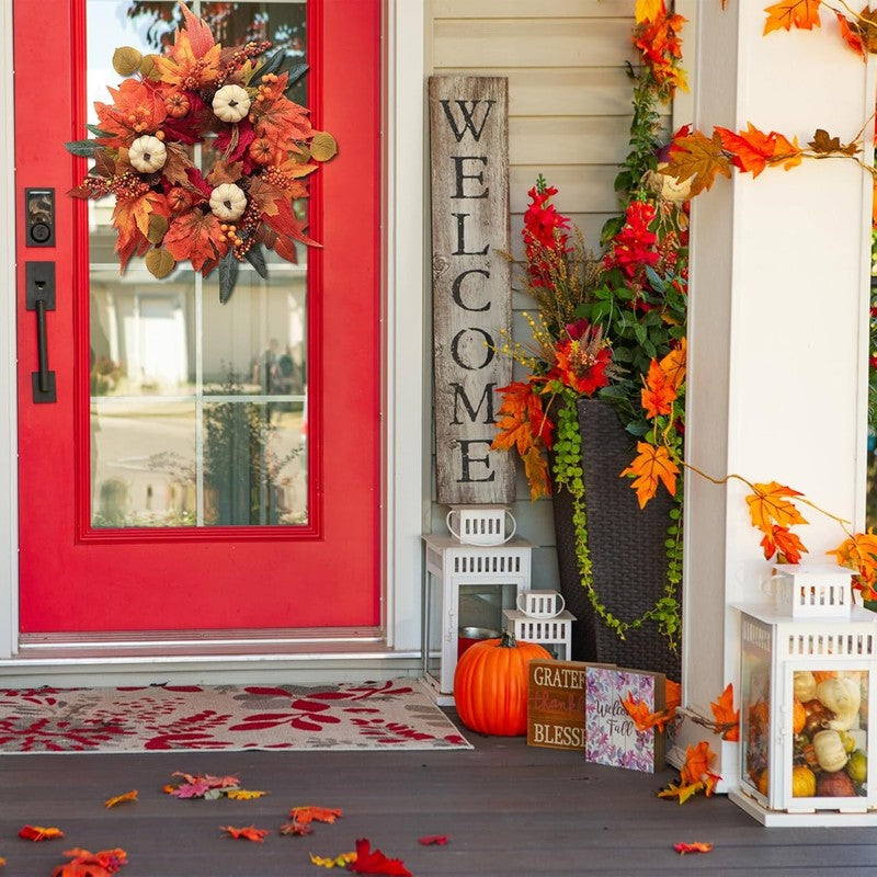 21" Fall Wreath Thanksgiving Pumpkin Maple Leaves Autumn Door Decor4