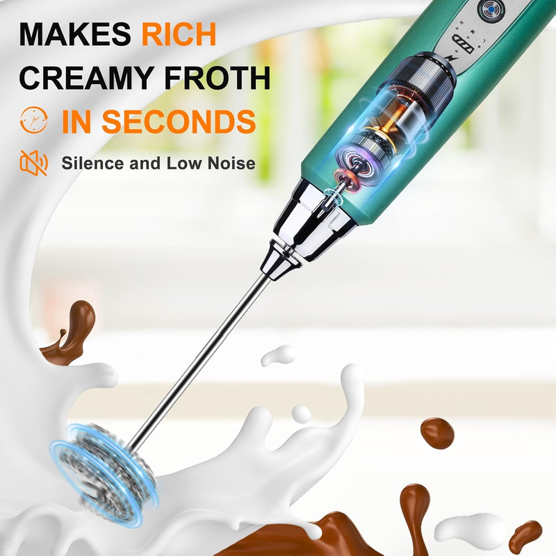 Milk Frother Handheld Rechargeable 3 Speed 3 Heads Coffee Whisk Green5