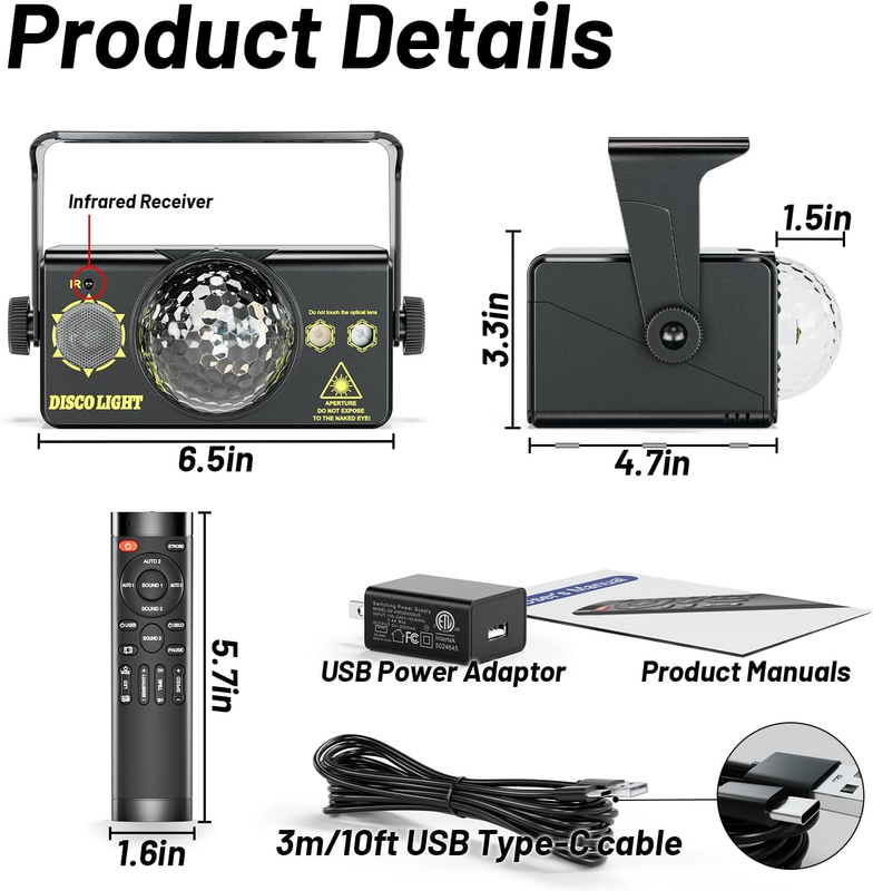 Party Lights, DJ Disco Light Disco Ball Light Sound Activated Strobe Stage Light3