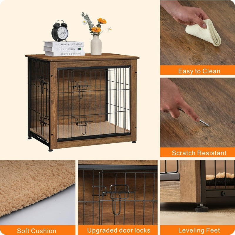 Dog Crate Furniture Table w/Cushion Wooden Kennel Double Door 27.2" Warm Brown4