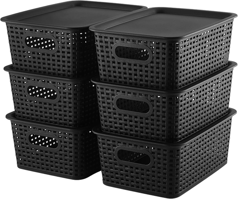 6 Pack Plastic Storage Bins with Lids, Stackable Organizer Baskets Black0