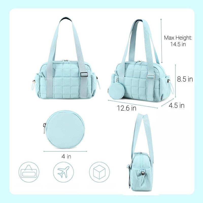 Mini Gym Bag Women Quilted Duffel Wet Compartment Coin Purse Blue 12.6"2