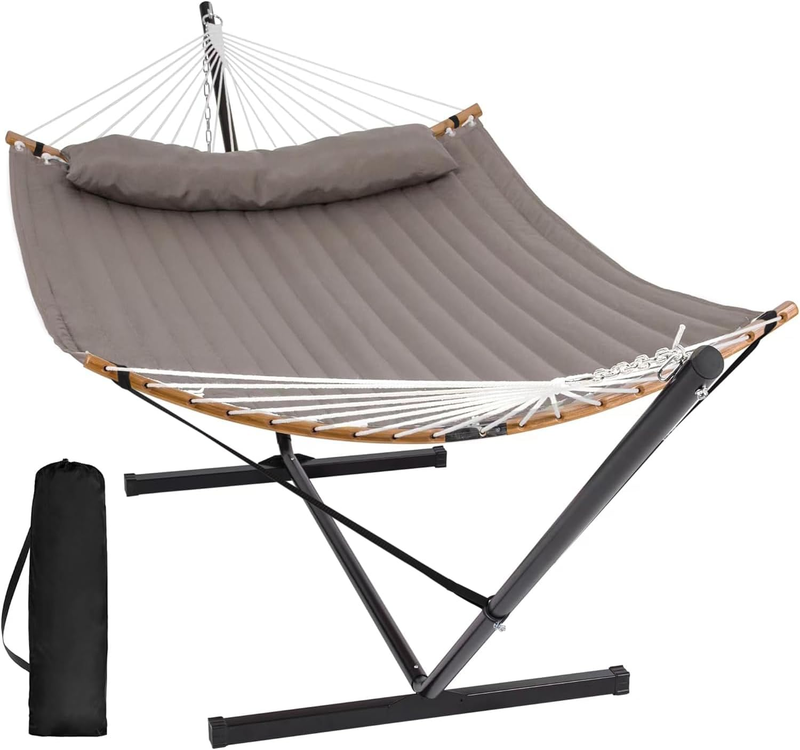 Portable Hammock with Frame Double Curved Spreader Bar Outdoor Brown9