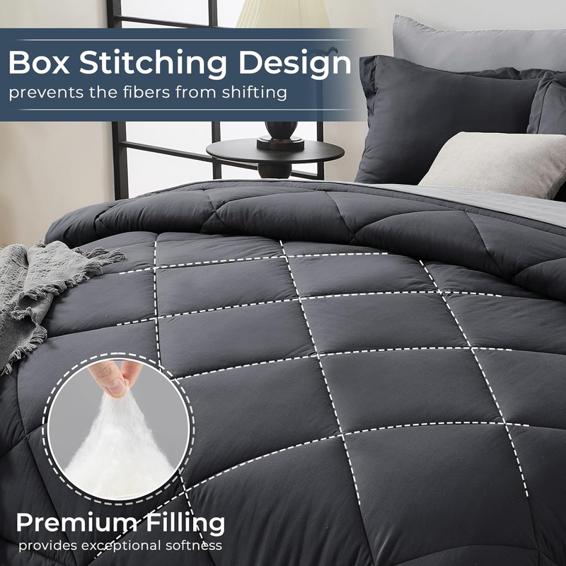 Queen Comforter Set 7 Piece Bed in Bag Soft Set Comforter Shams Dark Light Grey3