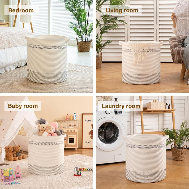 80L Laundry Hamper with Handles, Woven Storage Basket for Clothes, Light Grey4