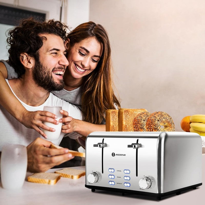 4 Slice Stainless Steel Toaster - Wide Slots, Bagel, 6 Shades, 1550W, Prime6