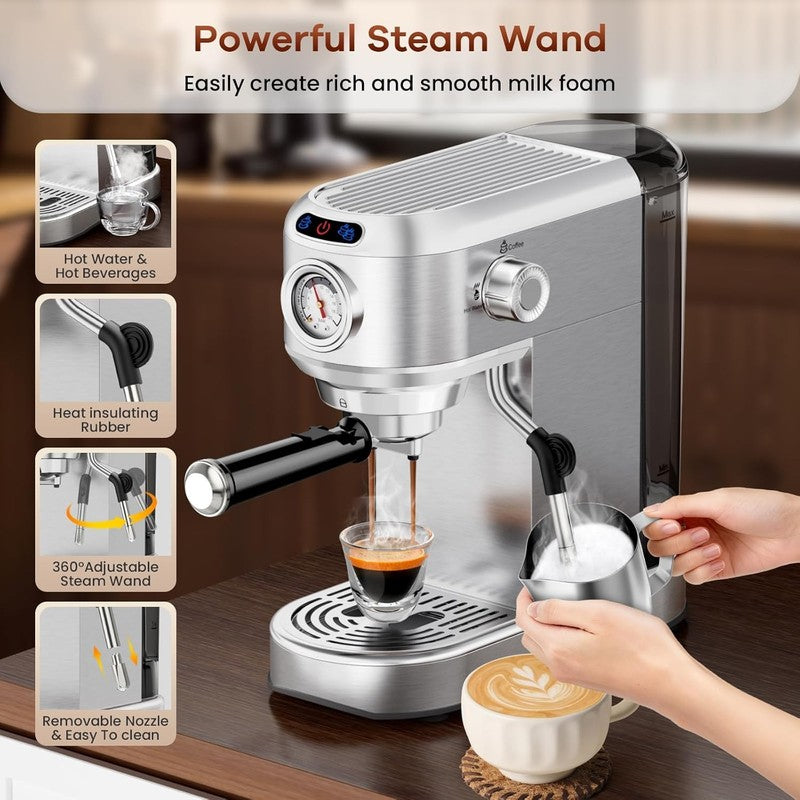 Espresso Machine, 20 Bar Compact Espresso Maker with Steam Milk Frother, Stainle2