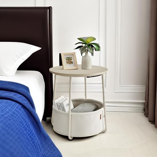 Small Round Side Table Nightstand with Fabric Basket Cream White5