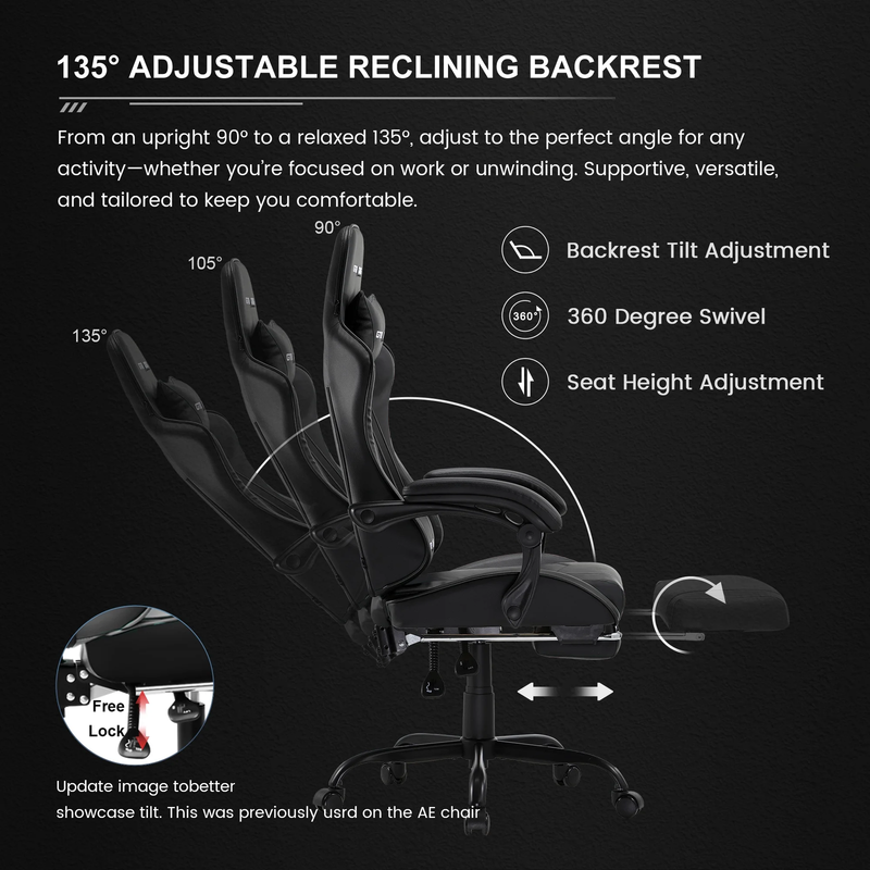 Ergonomic Gaming Office Chair GTWD 200 Adjustable Pillows Footrest Black6