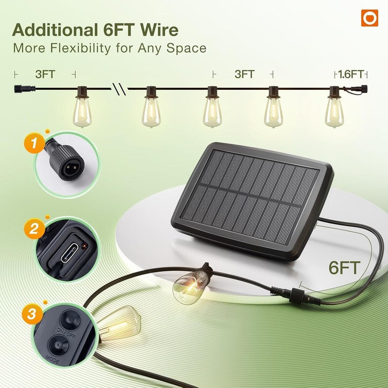 54FT Solar String Lights with Remote, 15 Shatterproof Bulbs, 3 Modes6