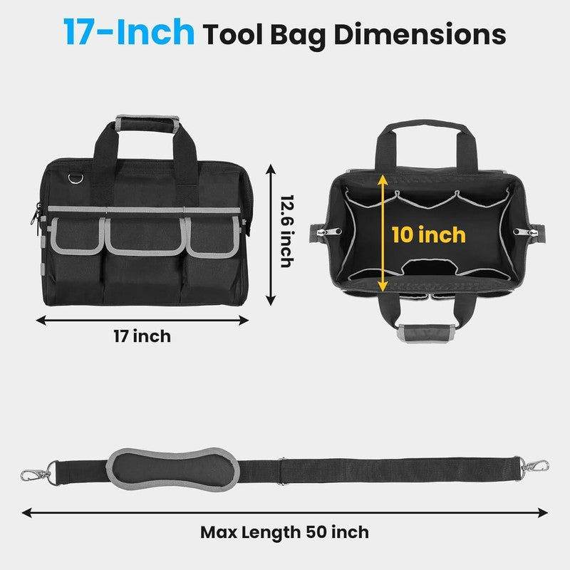 17" Heavy Duty Tool Bag Multi-Pocket Waterproof Portable Organizer Black-Grey2