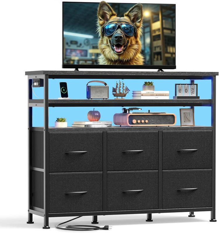 45 Inch TV Stand Wood Top Media Console 6 Drawers LED Lights Charging8
