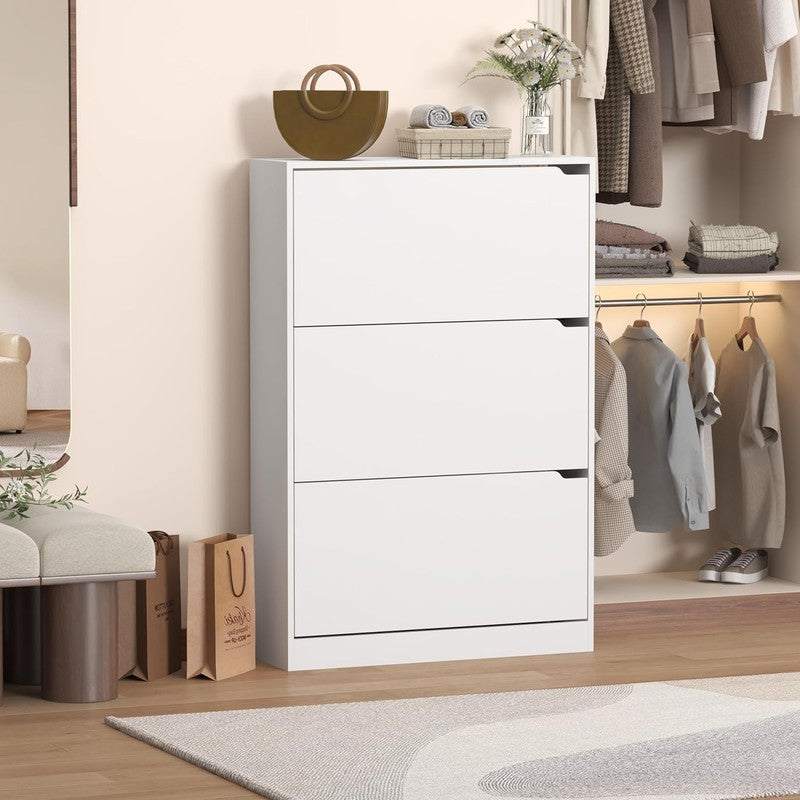 47'' Shoe Cabinet 3 Flip Drawers Slim Wood Storage Rack Organizer Entryway White3