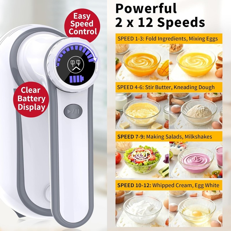 Cordless Hand Mixer, 12 Speed Rechargeable Electric Handheld Mixer with 6 X 304 2