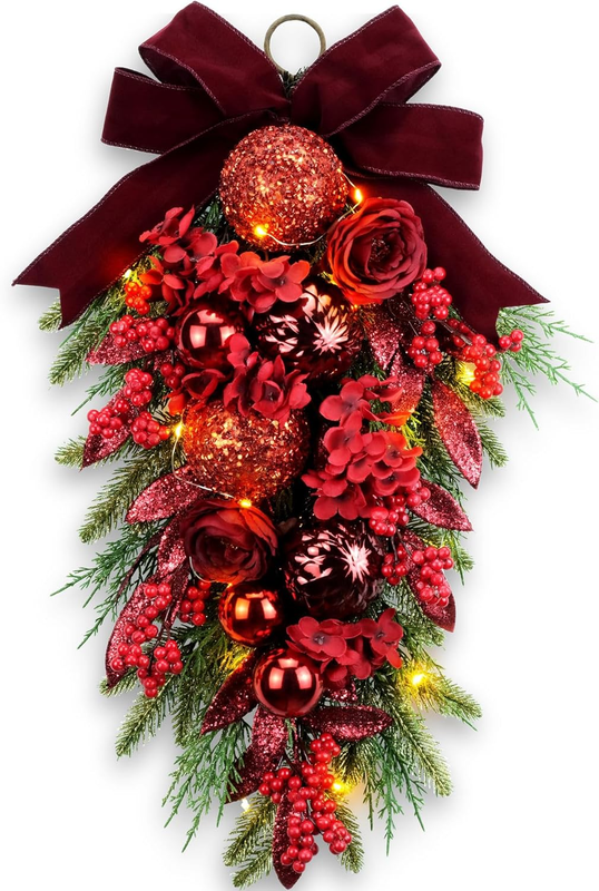 24" Decorative Christmas Teardrop Swag Red Hydrangea Purple Bow Red Berries0