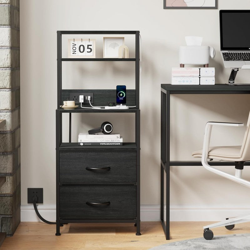 Tall Nightstand 4 Tier w/ 2 Fabric Drawers & Charging Station Black Oak6