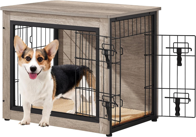 Wooden Dog Crate Table 27.5" w/Cushion Double Door Small/Medium Dogs Greige9