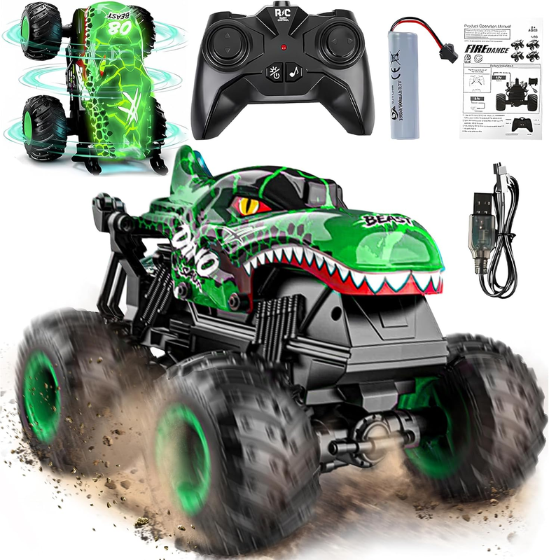 Monster Truck RC Toy 1:20 w/ Lights Music 360° Spins Drifting Dinosaur 4 78