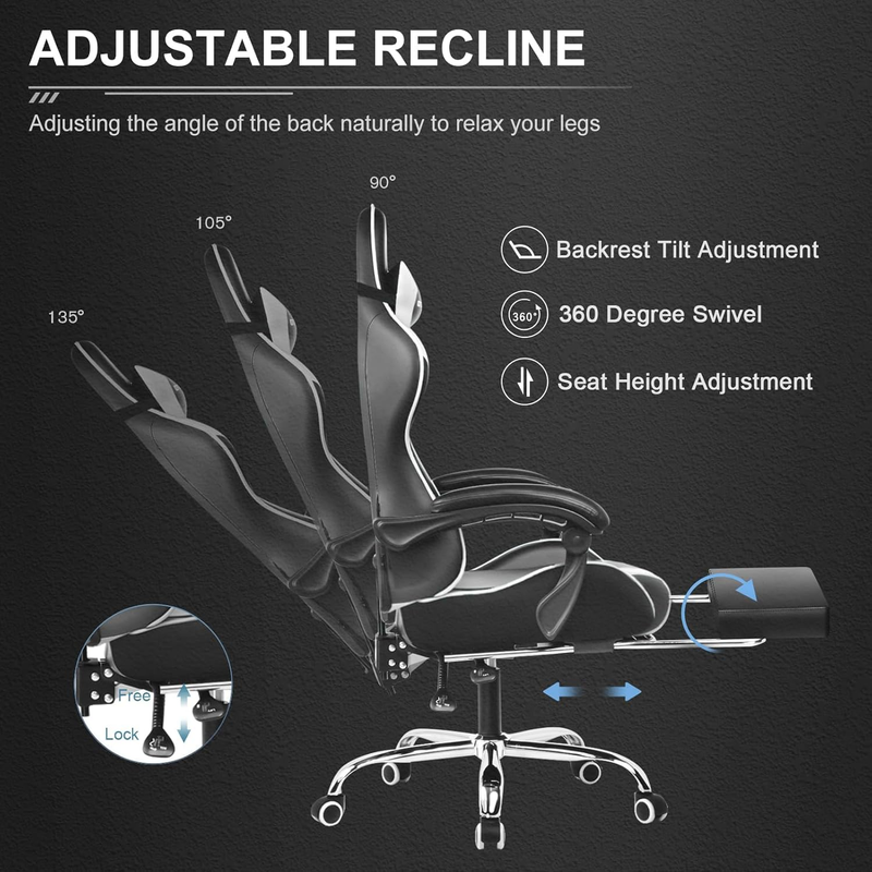 Gaming Chair with Footrest, Lumbar Support, Adjustable Height, 360° Swivel White5