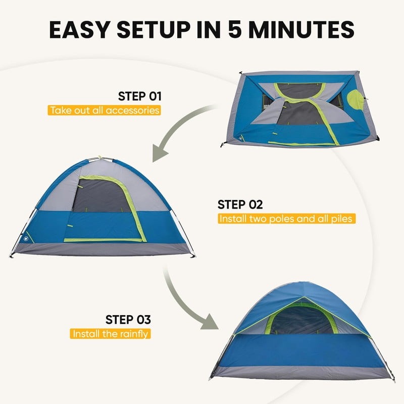 2 Person Waterproof Camping Tent with Rainfly, Easy Setup Dome Tent with Mesh Wi5