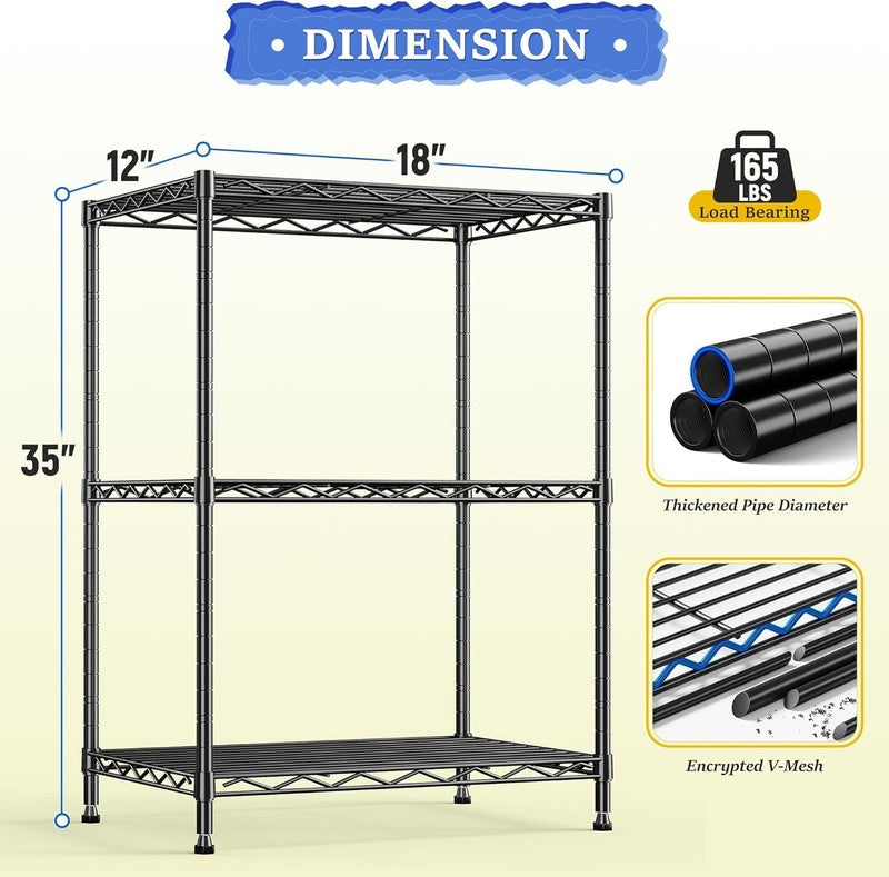 3 Tier Metal Wire Storage Shelves Adjustable Utility Rack Kitchen Laundry Black2