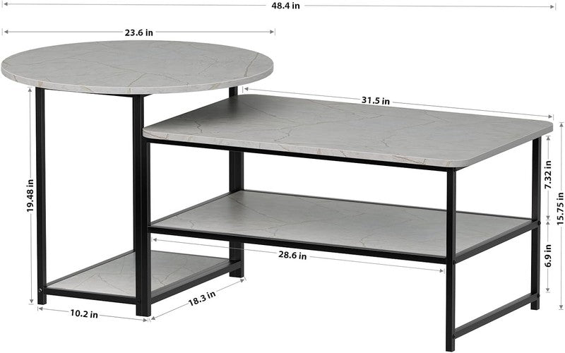 2 in 1 Grey Marble Coffee Table Set with Storage, Modern Living Room Table1