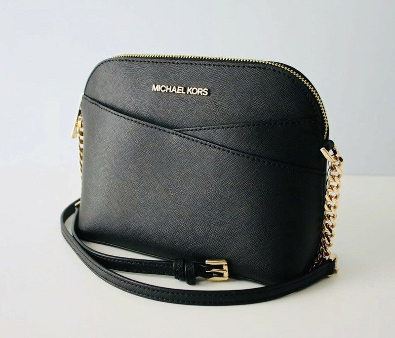 Jet Set Travel Medium Leather Crossbody Dome Handbag Black Gold2