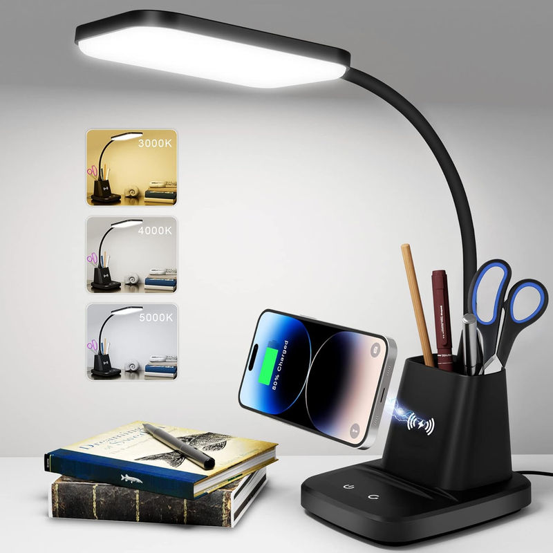 LED Desk Lamp with Wireless Charger & Pen Holder, Dimmable 3 Color Modes9