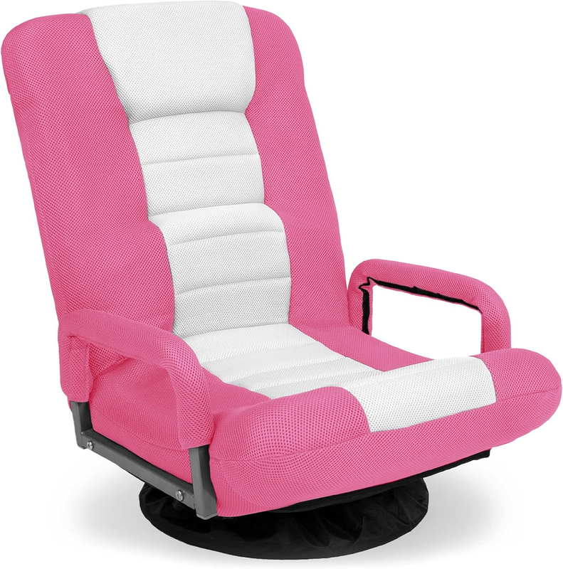 Gaming Floor Rocker Chair 360° Swivel, Lumbar Support, Pink/White0