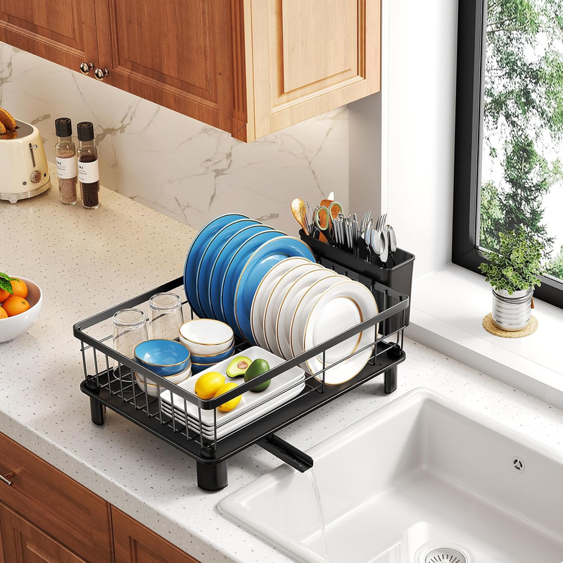 Stainless Steel Dish Drying Rack w/ Drainboard Utensil Holder Black6