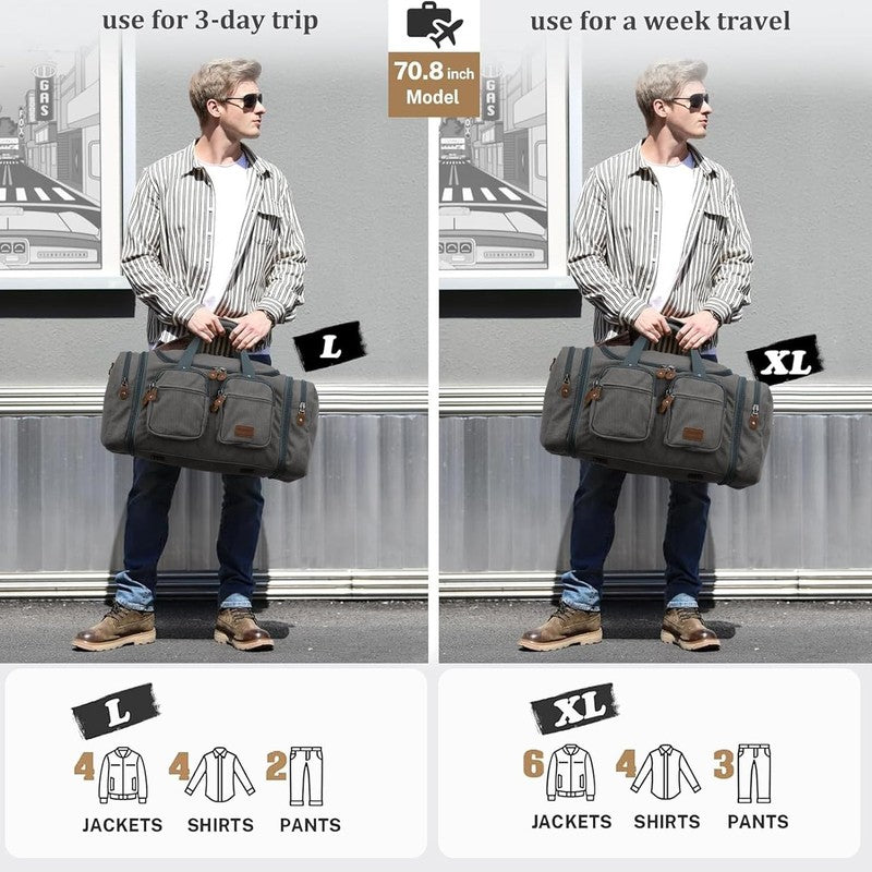 Expandable 60L Canvas Duffle Bag Grey Travel Gym Weekender Carry On7