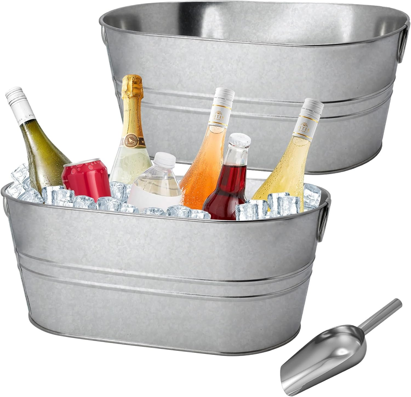 2 Pack 4 Gallon Galvanized Ice Buckets Beverage Tub w/ Handles Scoop Party0