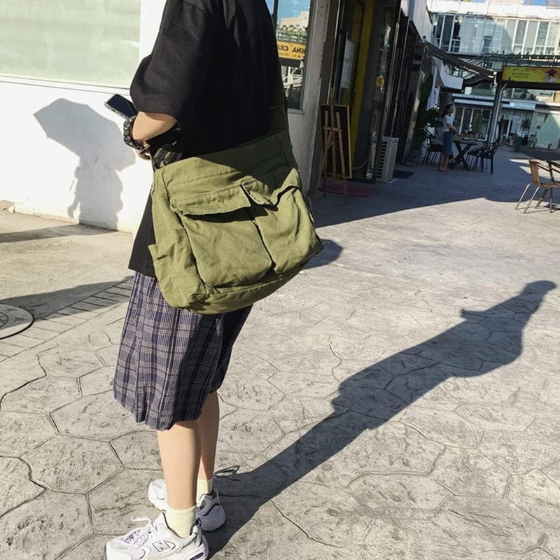 Aesthetic Cute Bag School Vintage Black Canvas Crossbody Laptop Shoulder Bag5