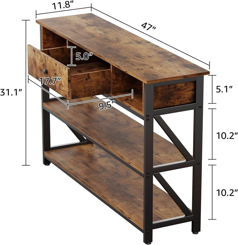 47'' Console Table Rustic Brown Industrial Entryway Sofa Table Drawer Shelves2