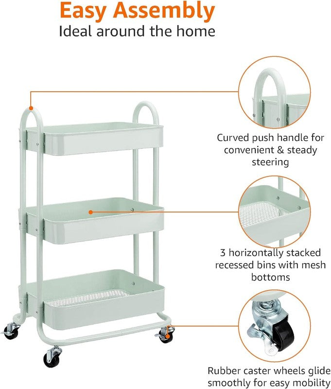 3-Tier Metal Rolling Utility or Kitchen Cart - Mint Green3
