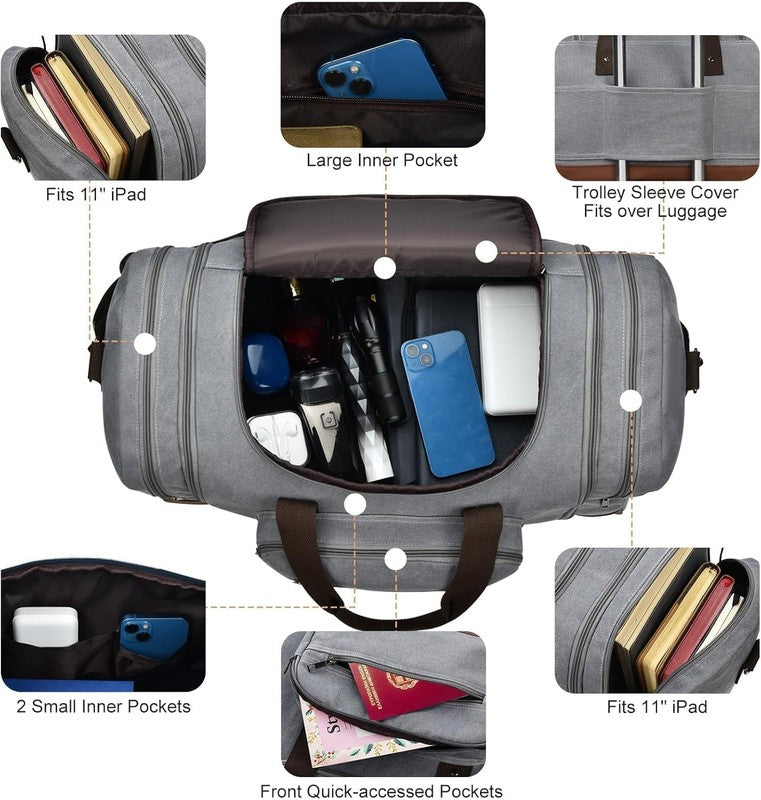 50L Canvas Travel Duffle Bag Grey Overnight Weekender Gym Carry On3