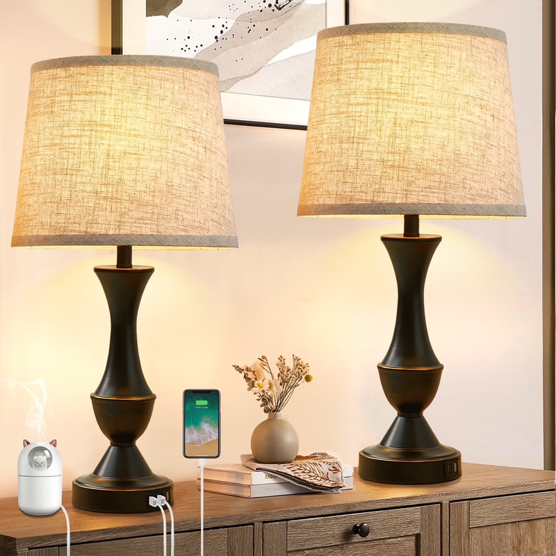 Set of 2 Touch Lamps w/ USB 3 Way Dimmable Nightstand Linen Bedside Lamps10