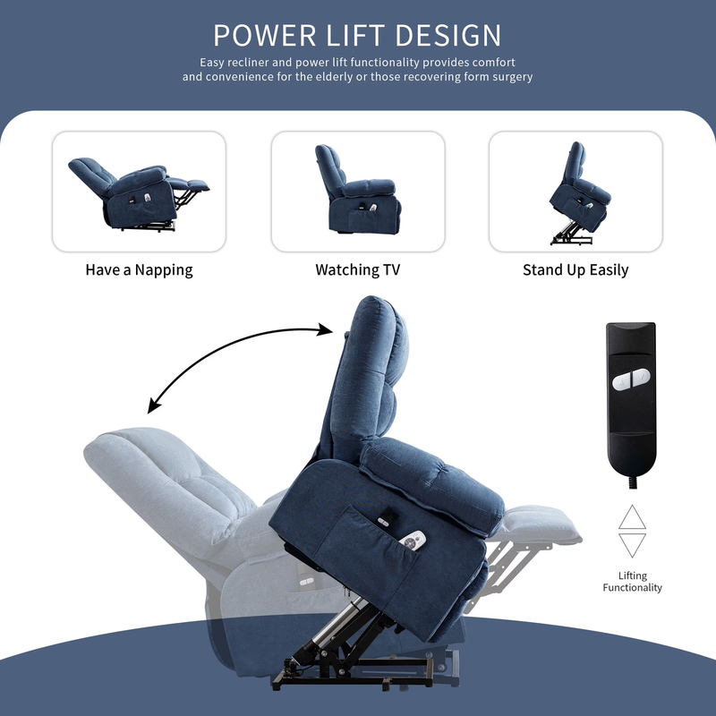 Power Lift Recliner Chair Heat Massage USB Port Infinite Position Blue4