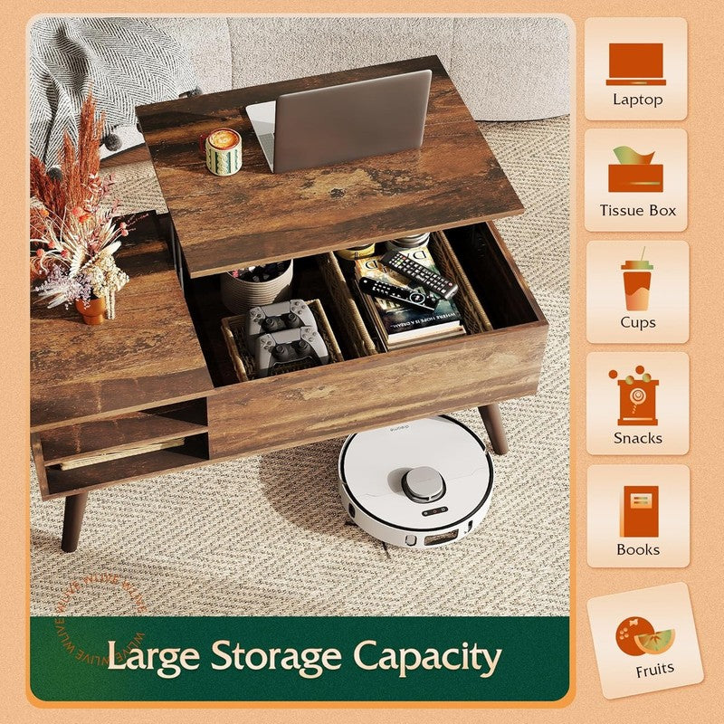 Lift Top Coffee Table w/ Storage Adjustable Shelf Mid Century Rustic Brown3