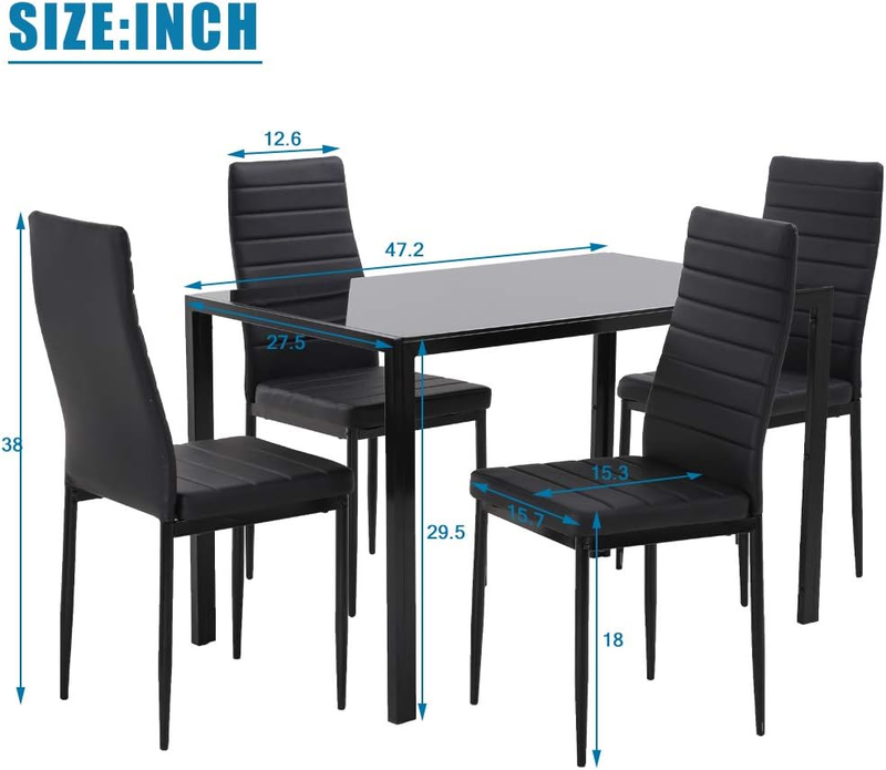 5 Piece Dining Table Black Glass Table 4 Upholstered Faux Leather Easy Assembly6