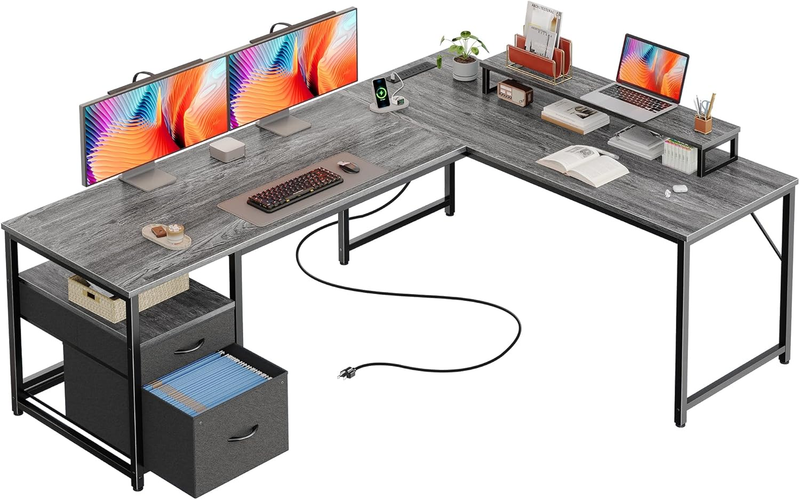 63'' L Shaped Desk w/ USB C Power Outlets Corner Office Desk Grey0